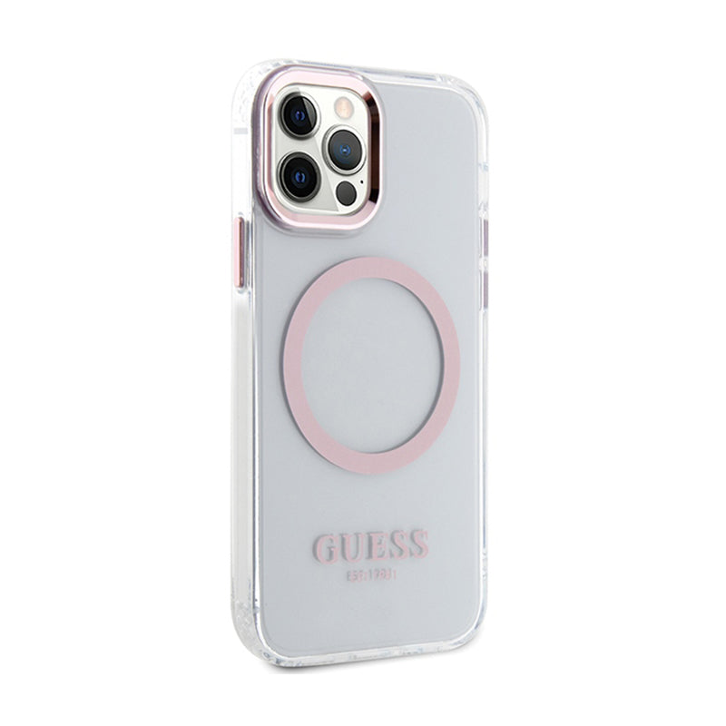 Guess Metal Outline MagSafe – „iPhone 12“ / „iPhone 12 Pro“ dėklas (permatomas / rožinis)