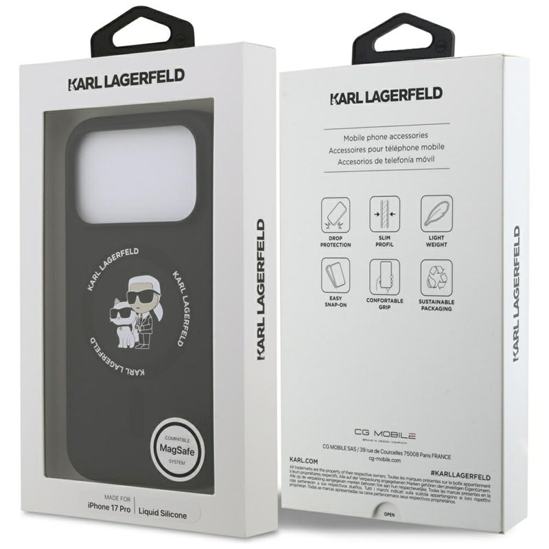 Silikoninis dėklas iPhone 17 Pro su Karl & Choupette žiedu MagSafe (juodas) - Karl Lagerfeld