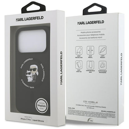 Silikoninis dėklas iPhone 17 Pro su Karl & Choupette žiedu MagSafe (juodas) - Karl Lagerfeld