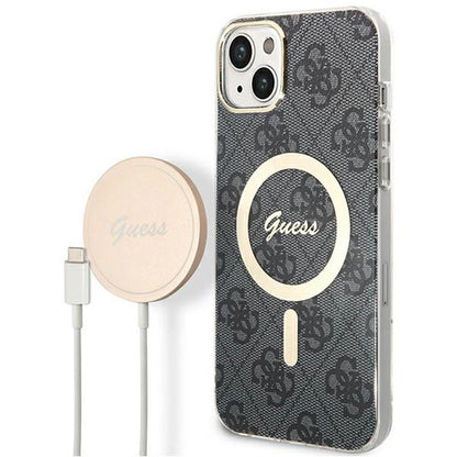 Guess Bundle Pack MagSafe 4G – dėklas „iPhone 14“ ir „MagSafe“ įkroviklis (juodas/auksinis)