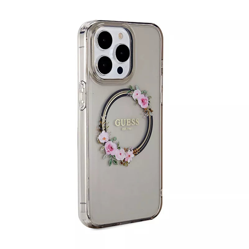 Guess IML Flowers Wreath MagSafe – dėklas iPhone 15 Pro Max (juodas)