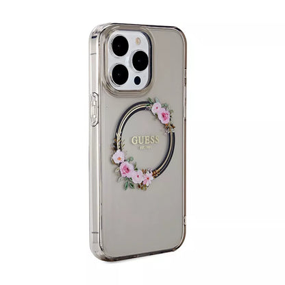 Guess IML Flowers Wreath MagSafe – dėklas iPhone 15 Pro Max (juodas)