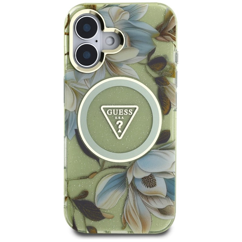 Guess Glitter Flowers Triangle Buttons MagSafe – Dėklas, skirtas iPhone 16 (žalias)