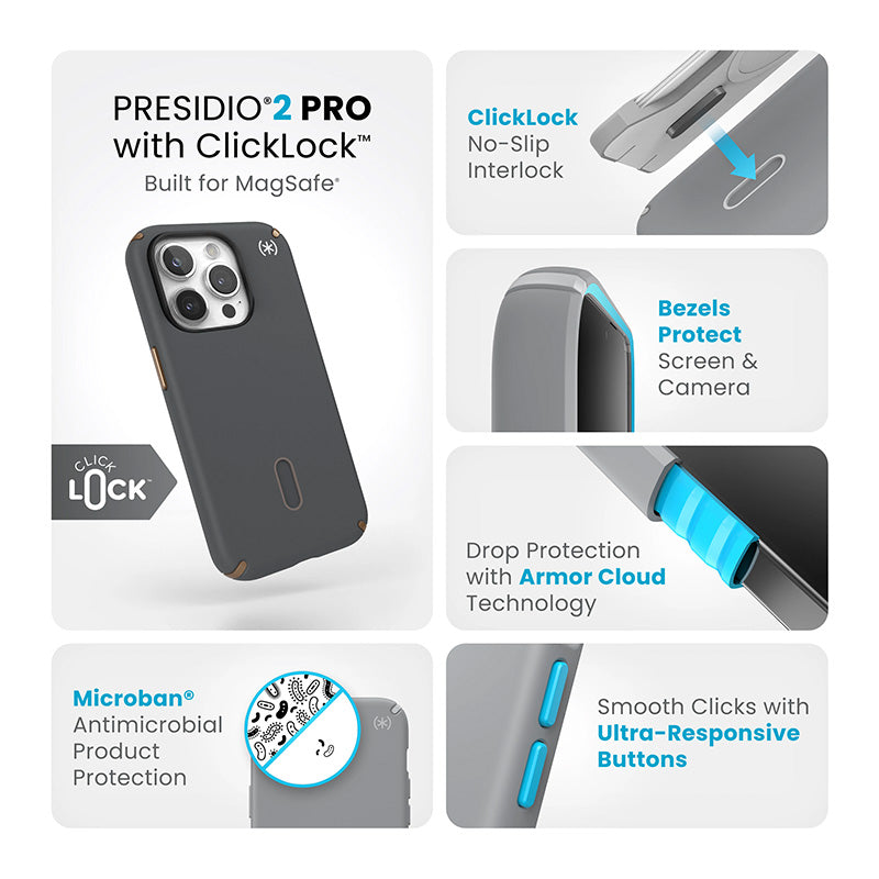 Speck Presidio2 Pro ClickLock & MagSafe - iPhone 15 Pro dėklas (Anglies pilkumo / Vėsios bronzos)