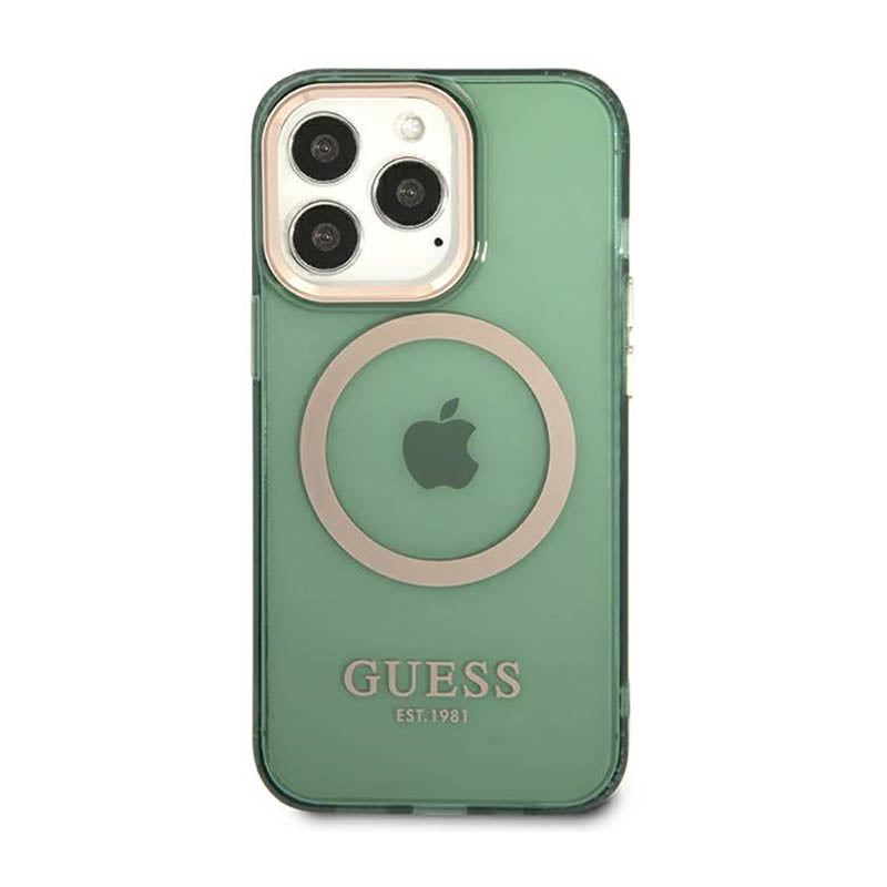 Guess Gold Outline Translucent MagSafe – dėklas, skirtas iPhone 13 Pro (žalias)