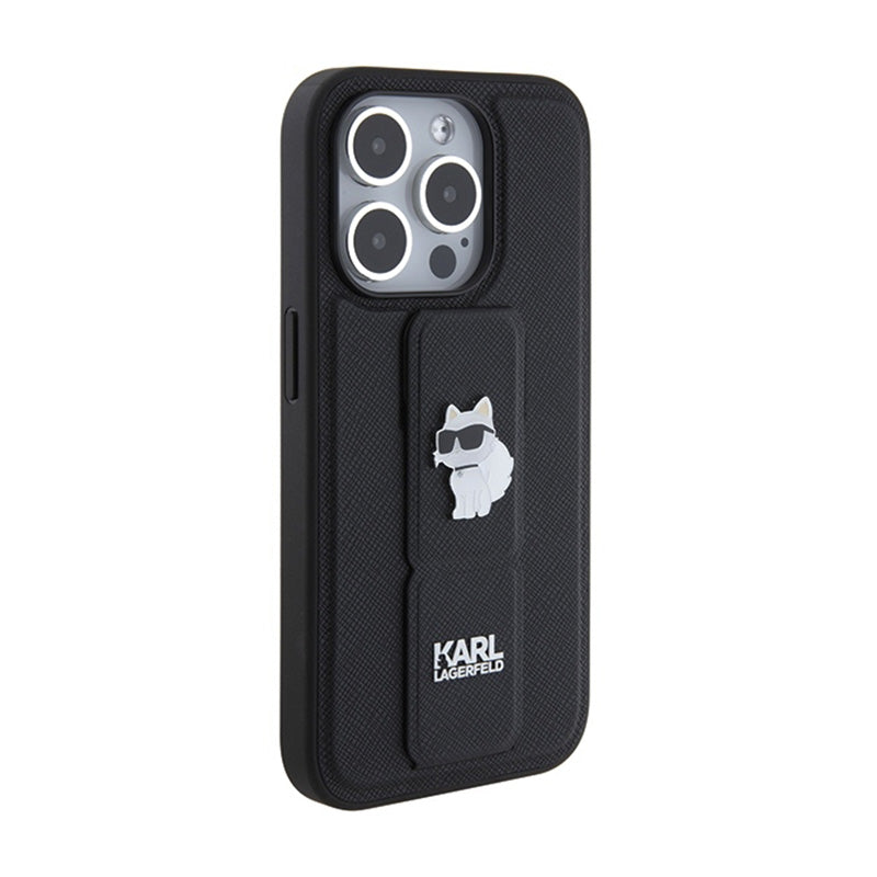 Karl Lagerfeld Gripstand Saffiano Choupette Pins – iPhone 15 Pro Max dėklas (juodas)