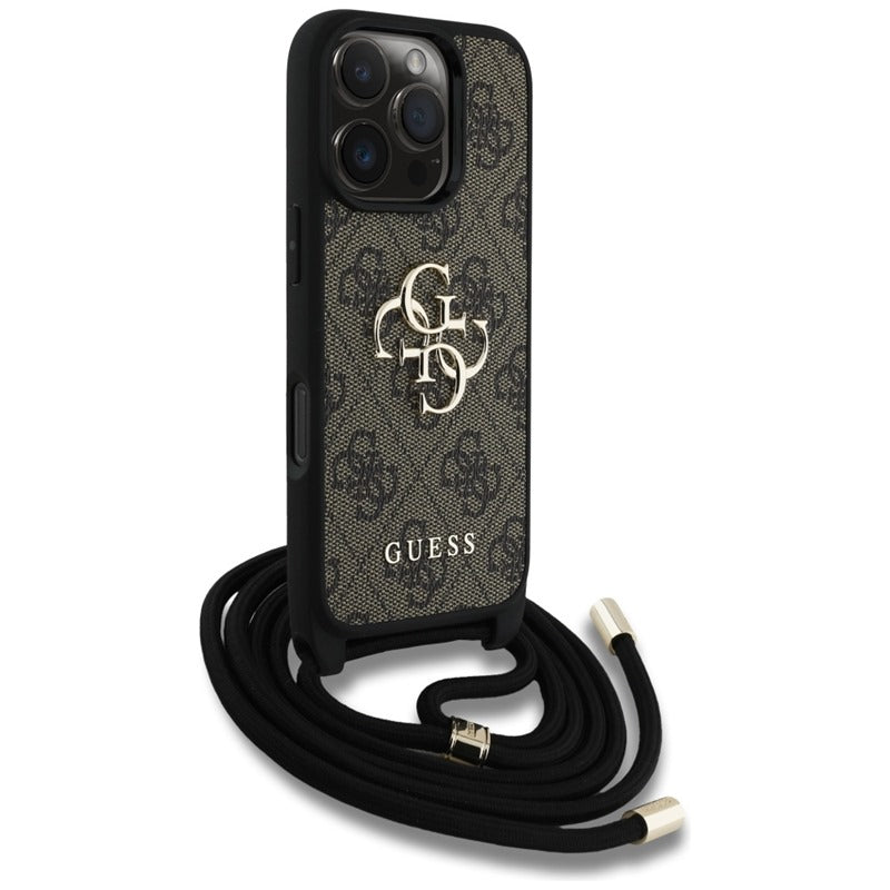 Guess 4G Big Logo Cord Strap krepšys per petį - dėklas, skirtas iPhone 16 Pro Max (rudas)