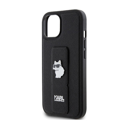Karl Lagerfeld Gripstand Saffiano Choupette Pins – „iPhone 15 Plus“ dėklas (juodas)