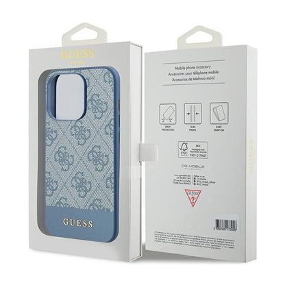 Guess 4G Bottom Stripe Metal Logo Collection - dėklas, skirtas „iPhone 15 Pro“ (mėlyna)