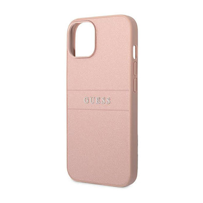 Guess Saffiano Metal Logo Stripes – dėklas, skirtas iPhone 14 Plus (rožinis)