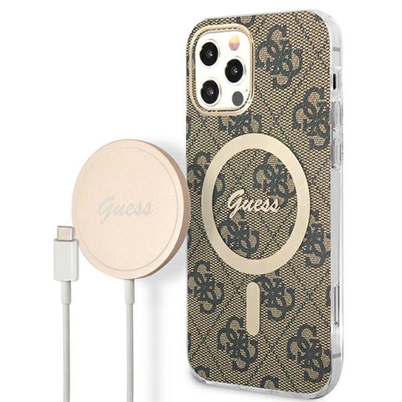 Guess Bundle Pack MagSafe 4G – rinkinys, skirtas iPhone 12 / iPhone 12 Pro + „MagSafe“ įkroviklis (ruda/auksinė)