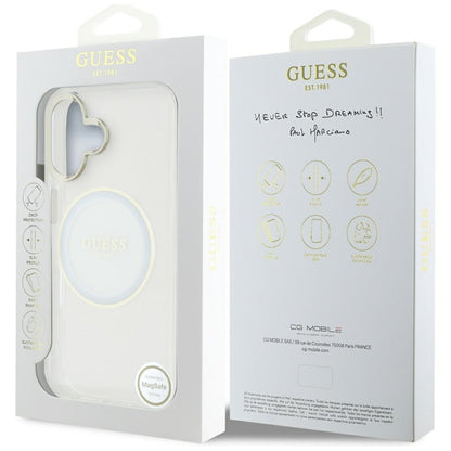 Guess IML Metal Colored Circle Classic Logo MagSafe – dėklas, skirtas „iPhone 16“ (baltas)