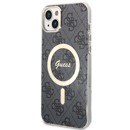 Guess Bundle Pack MagSafe 4G – dėklas „iPhone 14“ ir „MagSafe“ įkroviklis (juodas/auksinis)