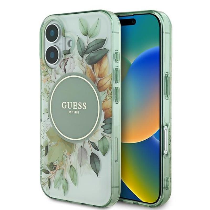 Guess IML gėlių ir toninio apskritimo MagSafe – dėklas, skirtas iPhone 16 Plus (žalia)