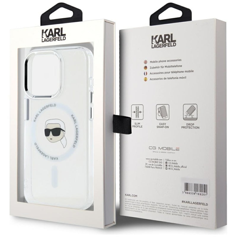 Karl Lagerfeld IML Metal Karl Head MagSafe - dėklas, skirtas iPhone 15 Pro Max (baltas)