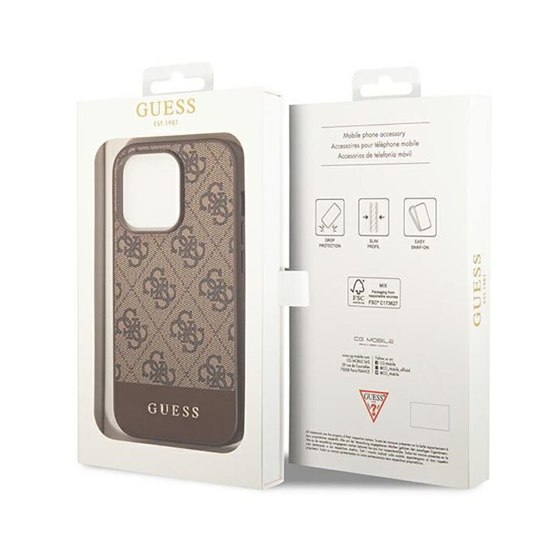 Guess 4G Bottom Stripe Metal Logo Collection – Dėklas, skirtas iPhone 14 Pro (rudas)