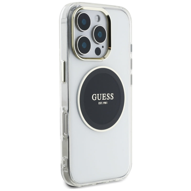 Guess IML metalinis spalvotas apskritimas klasikinis logotipas MagSafe – dėklas skirtas „iPhone 16 Pro“ (juodas)