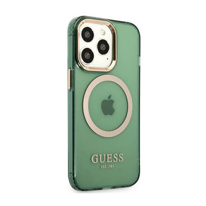 Guess Gold Outline Translucent MagSafe – dėklas, skirtas iPhone 13 Pro (žalias)