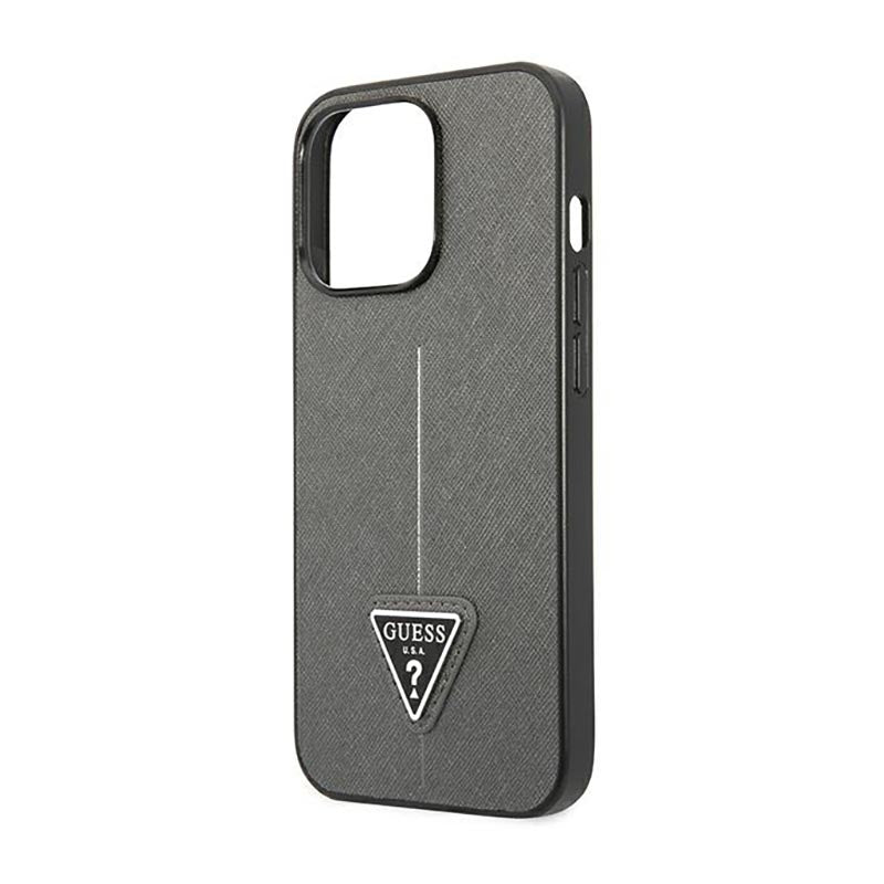 Guess Saffiano Triangle Logo dėklas – dėklas, skirtas iPhone 14 Pro Max (sidabrinis)