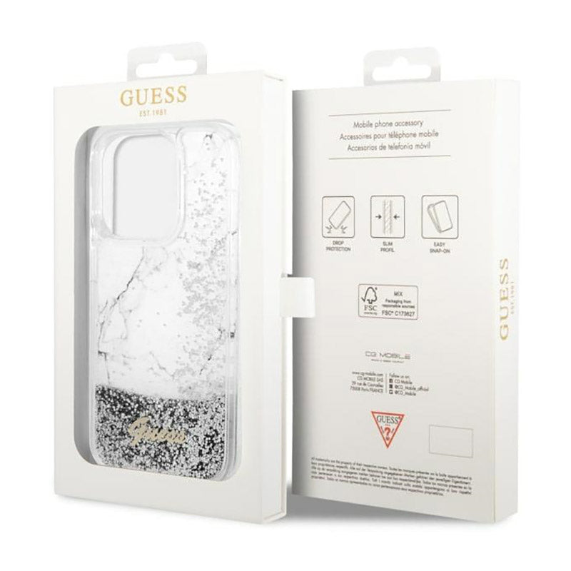 Guess Liquid Glitter Marble – Dėklas, skirtas iPhone 14 Pro Max (baltas)