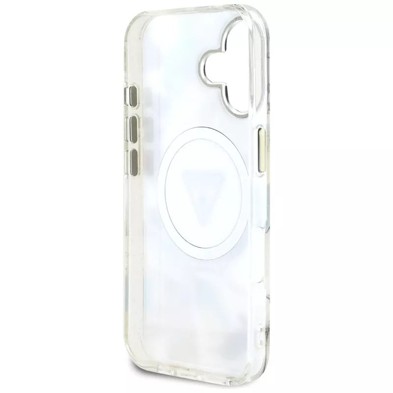 Guess Glitter Flowers Triangle Buttons MagSafe – Dėklas, skirtas iPhone 16 (baltas)
