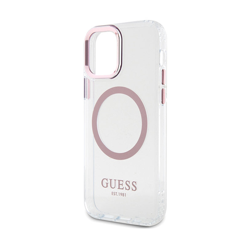 Guess Metal Outline MagSafe – „iPhone 12“ / „iPhone 12 Pro“ dėklas (permatomas / rožinis)