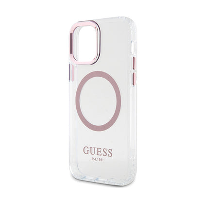 Guess Metal Outline MagSafe – „iPhone 12“ / „iPhone 12 Pro“ dėklas (permatomas / rožinis)