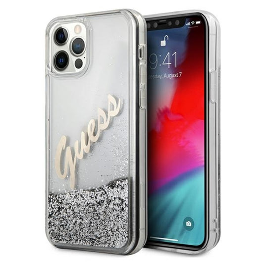 Guess Glitter Vintage Script – iPhone 12 Pro Max dėklas (sidabrinis)