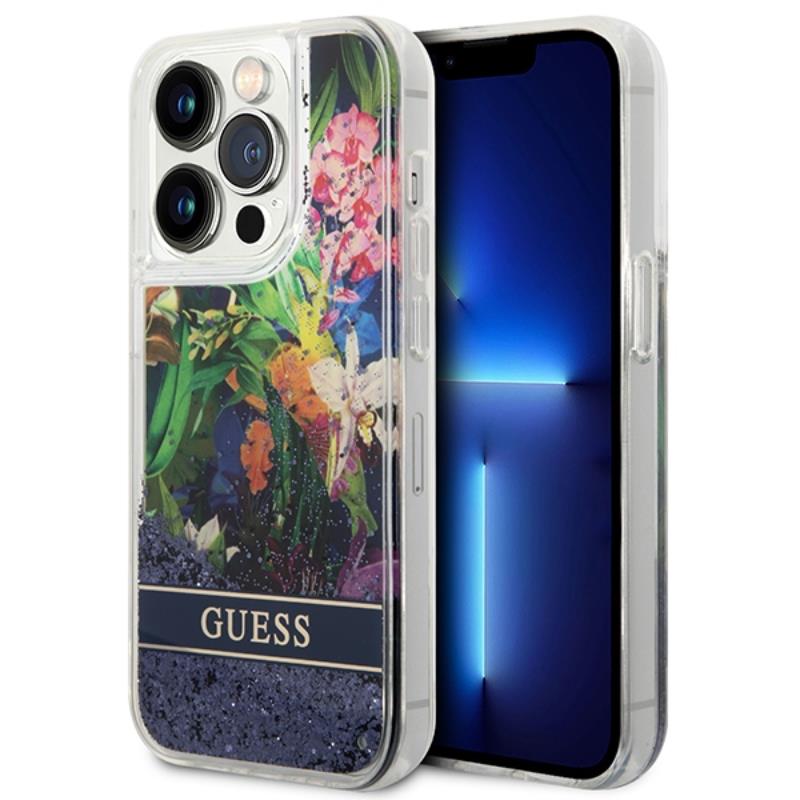 Guess Liquid Glitter Flower – dėklas, skirtas iPhone 14 Pro Max (mėlynas)