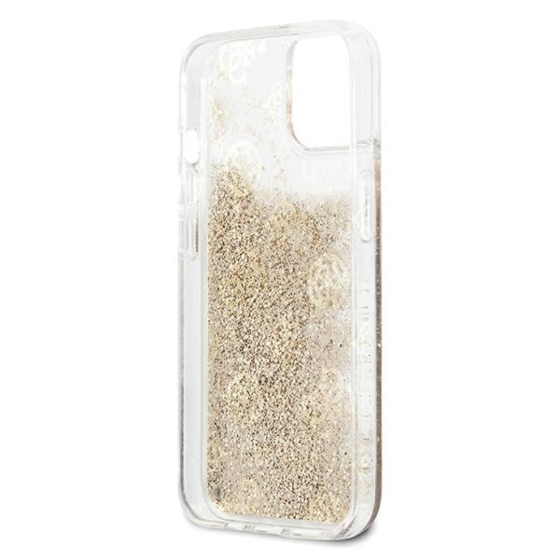 Guess Peony Liquid Glitter – dėklas skirtas iPhone 13 mini (auksinės spalvos)