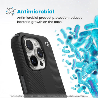 Speck Presidio2 Grip – dėklas, skirtas iPhone 16 Pro (juoda / skalūnų pilka / balta)