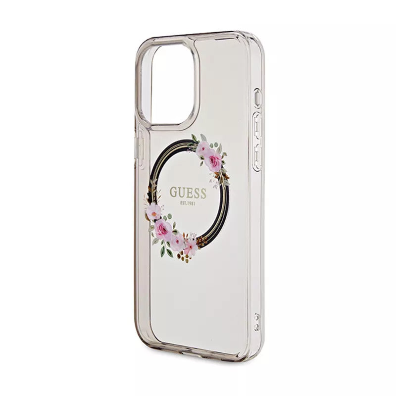 Guess IML Flowers Wreath MagSafe – dėklas iPhone 15 Pro Max (juodas)