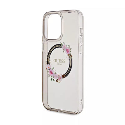 Guess IML Flowers Wreath MagSafe – dėklas iPhone 15 Pro Max (juodas)