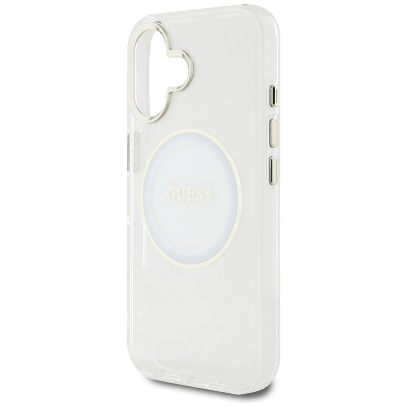 Guess IML Metal Colored Circle Classic Logo MagSafe – dėklas, skirtas „iPhone 16“ (baltas)