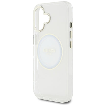 Guess IML Metal Colored Circle Classic Logo MagSafe – dėklas, skirtas „iPhone 16“ (baltas)