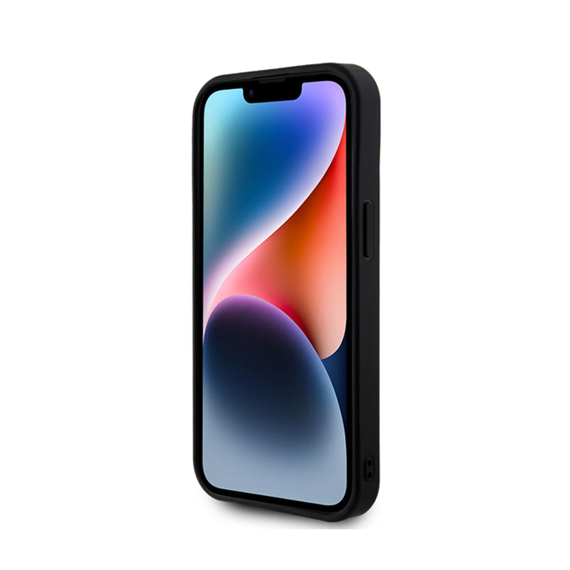 Guess dėklas iPhone 15 su metaliniu logotipu ir cirkonio akmenėliais (rožinis)