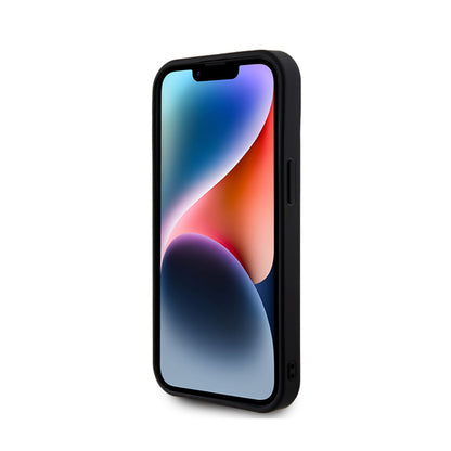 Guess dėklas iPhone 15 su metaliniu logotipu ir cirkonio akmenėliais (rožinis)