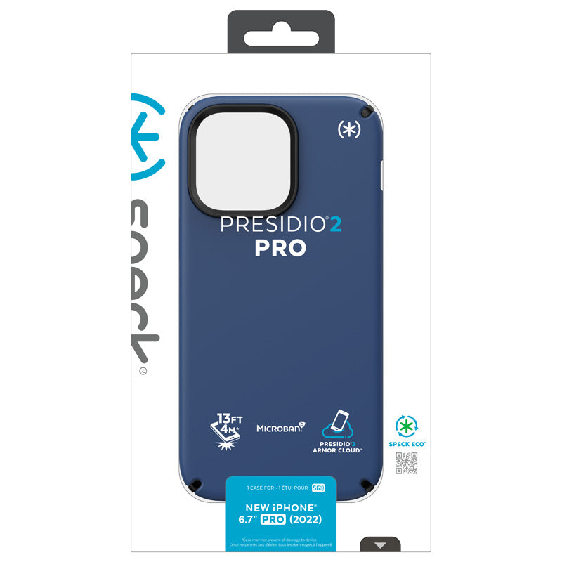 Speck Presidio2 Pro - dėklas iPhone 14 Pro Max su MICROBAN danga (Pakrantės mėlyna / juoda / balta)