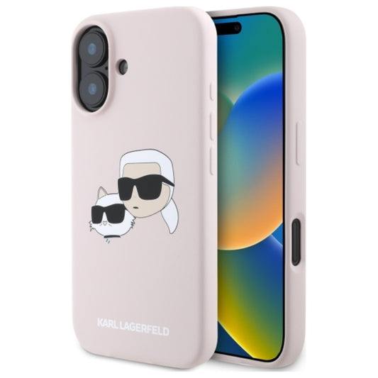 Karl Lagerfeld silikoninis „Double Heads Print MagSafe“ dėklas „iPhone 16“ (rožinis)