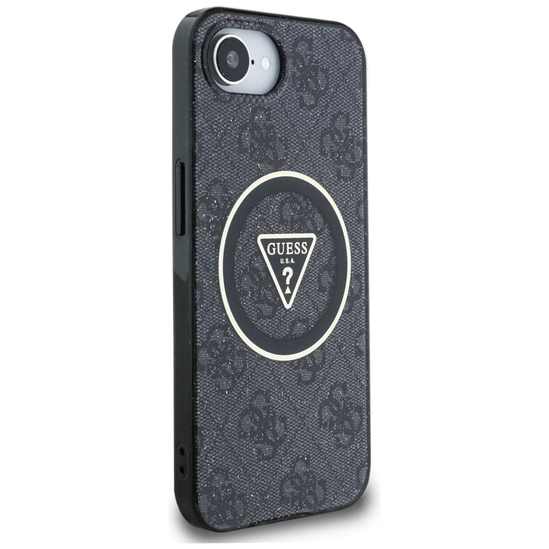 Guess IML Metal Glitter 4G Circle Triangle MagSafe – dėklas, skirtas iPhone 16e (juodas)