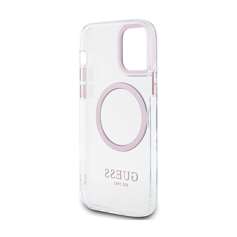 Guess Metal Outline MagSafe – „iPhone 12“ / „iPhone 12 Pro“ dėklas (permatomas / rožinis)