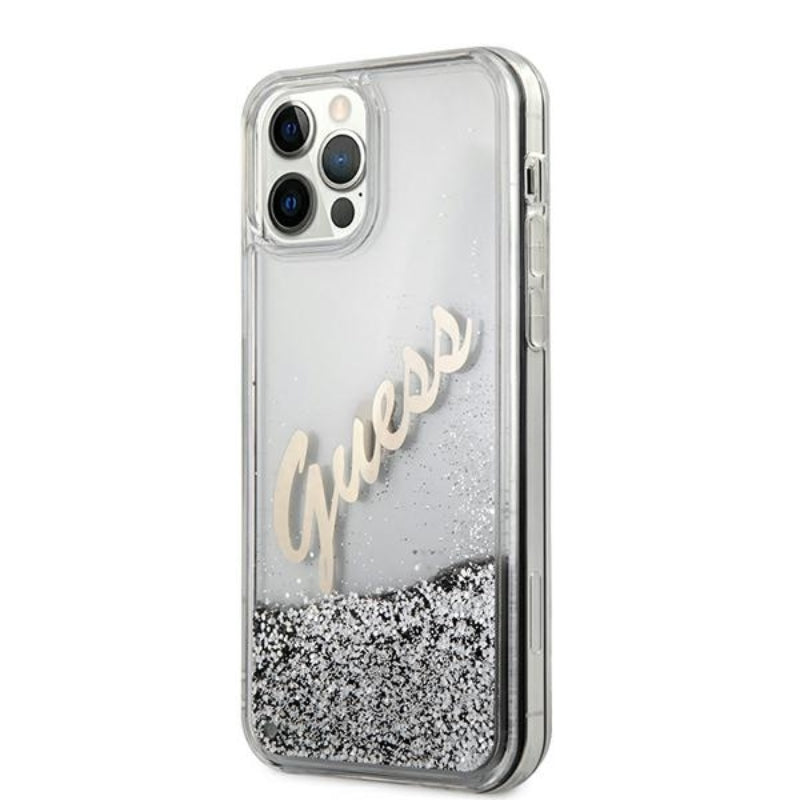 Guess Glitter Vintage Script – iPhone 12 Pro Max dėklas (sidabrinis)