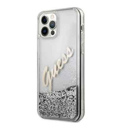 Guess Glitter Vintage Script – iPhone 12 Pro Max dėklas (sidabrinis)