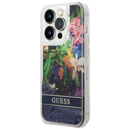 Guess Liquid Glitter Flower – dėklas, skirtas iPhone 14 Pro Max (mėlynas)