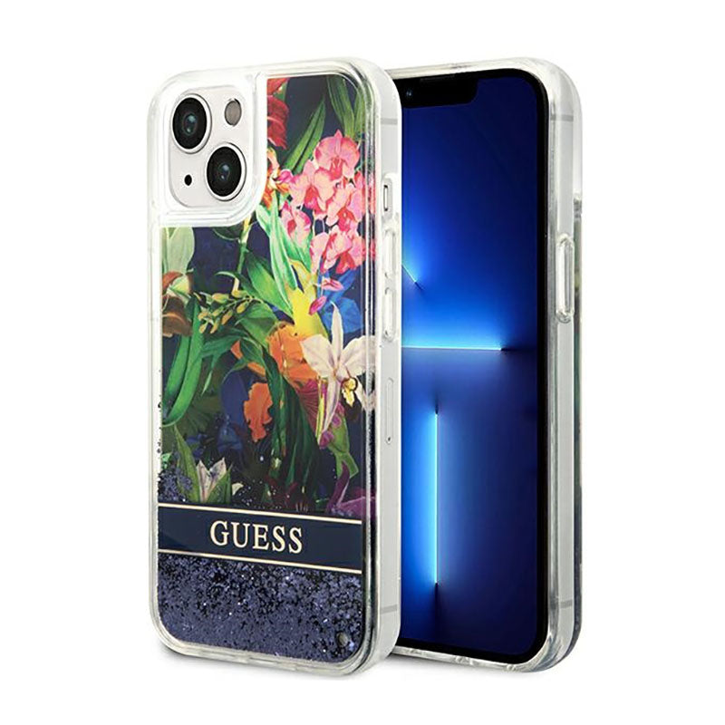 Guess Liquid Glitter Flower – dėklas iPhone 14 (mėlynas)