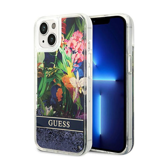 Guess Liquid Glitter Flower – dėklas iPhone 14 (mėlynas)