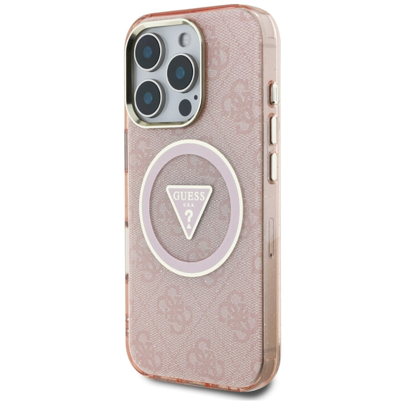 Guess IML Metal Glitter 4G apskritimas trikampis MagSafe – dėklas skirtas iPhone 16 Pro (rožinis)