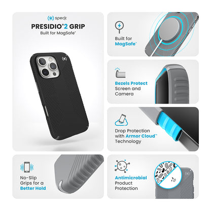 Speck Presidio2 Grip – dėklas, skirtas iPhone 16 Pro (juoda / skalūnų pilka / balta)