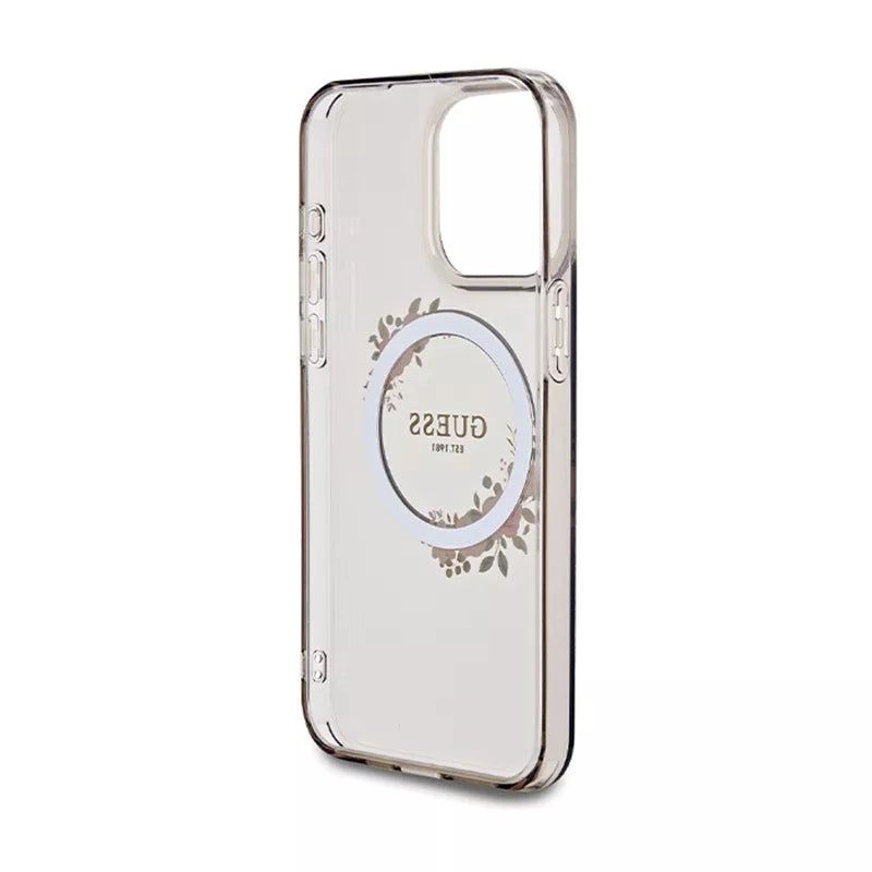 Guess IML Flowers Wreath MagSafe – dėklas iPhone 15 Pro Max (juodas)