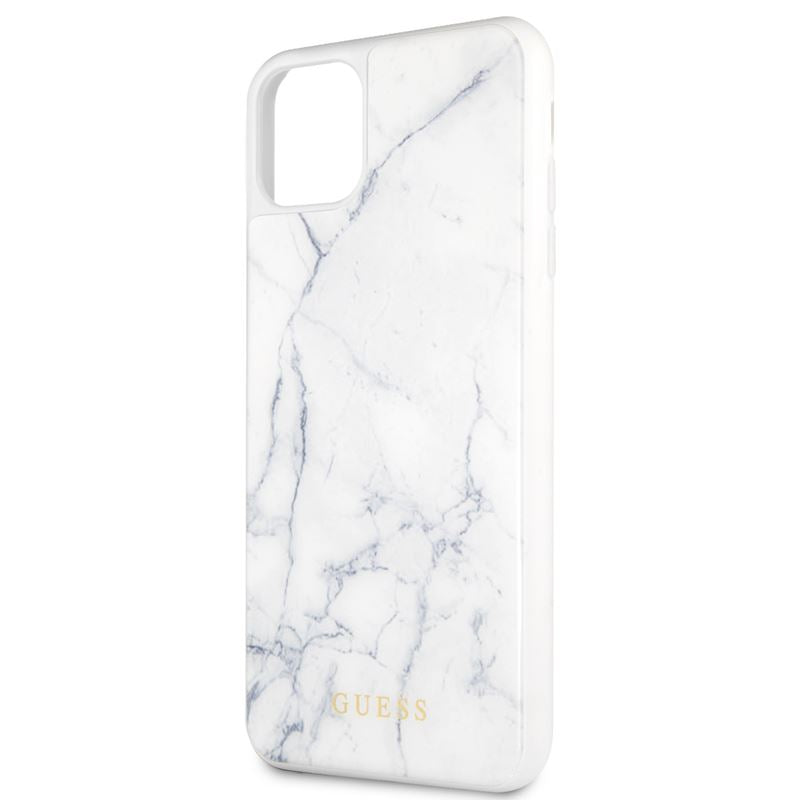 Guess Grūdinto stiklo marmuro rašto dėklas, skirtas iPhone 11 Pro Max (Baltas)